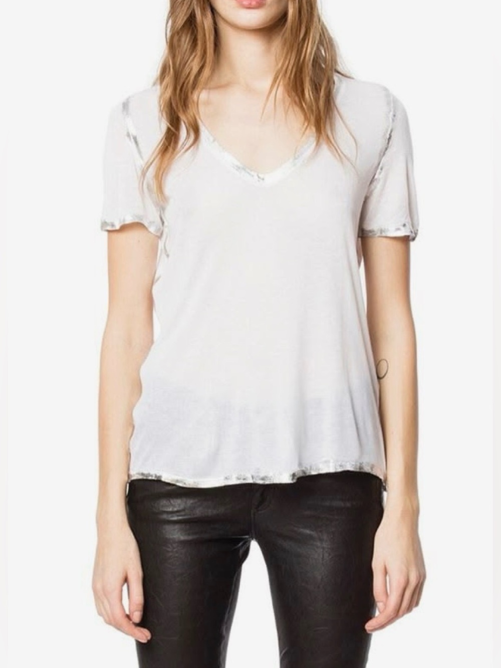 Zadig & Voltaire White V-Neck Short Sleeve Tee with Silver Trim